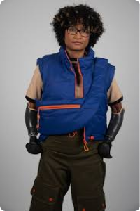 woman standing up with prosthetic arms wears a blue gillet with orange trim zips and a front pocket